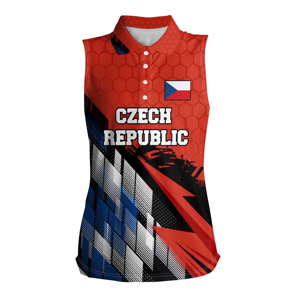Czech Republic Women Sleeveless Polo Shirt with Red Black Blue Brushstroke Design and National Lion - Wonder Print Shop