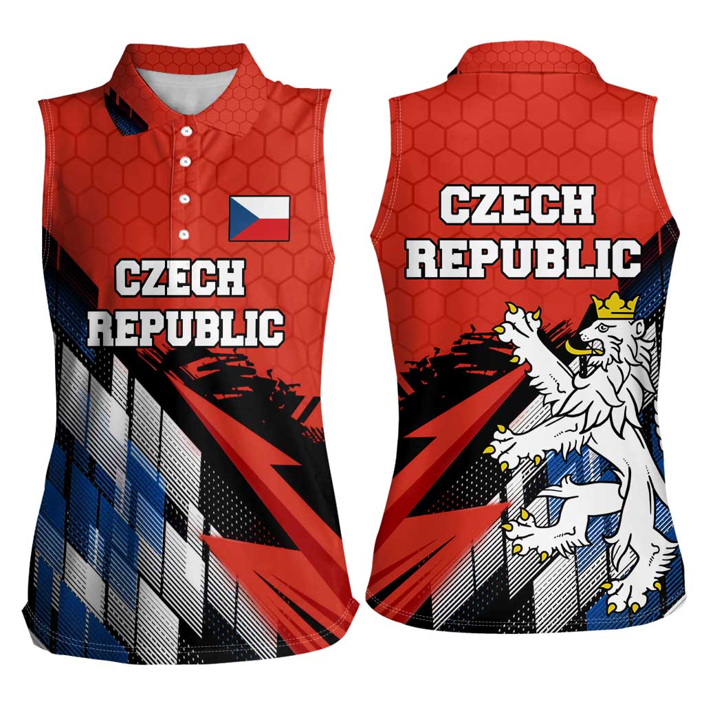 Czech Republic Women Sleeveless Polo Shirt with Red Black Blue Brushstroke Design and National Lion - Wonder Print Shop