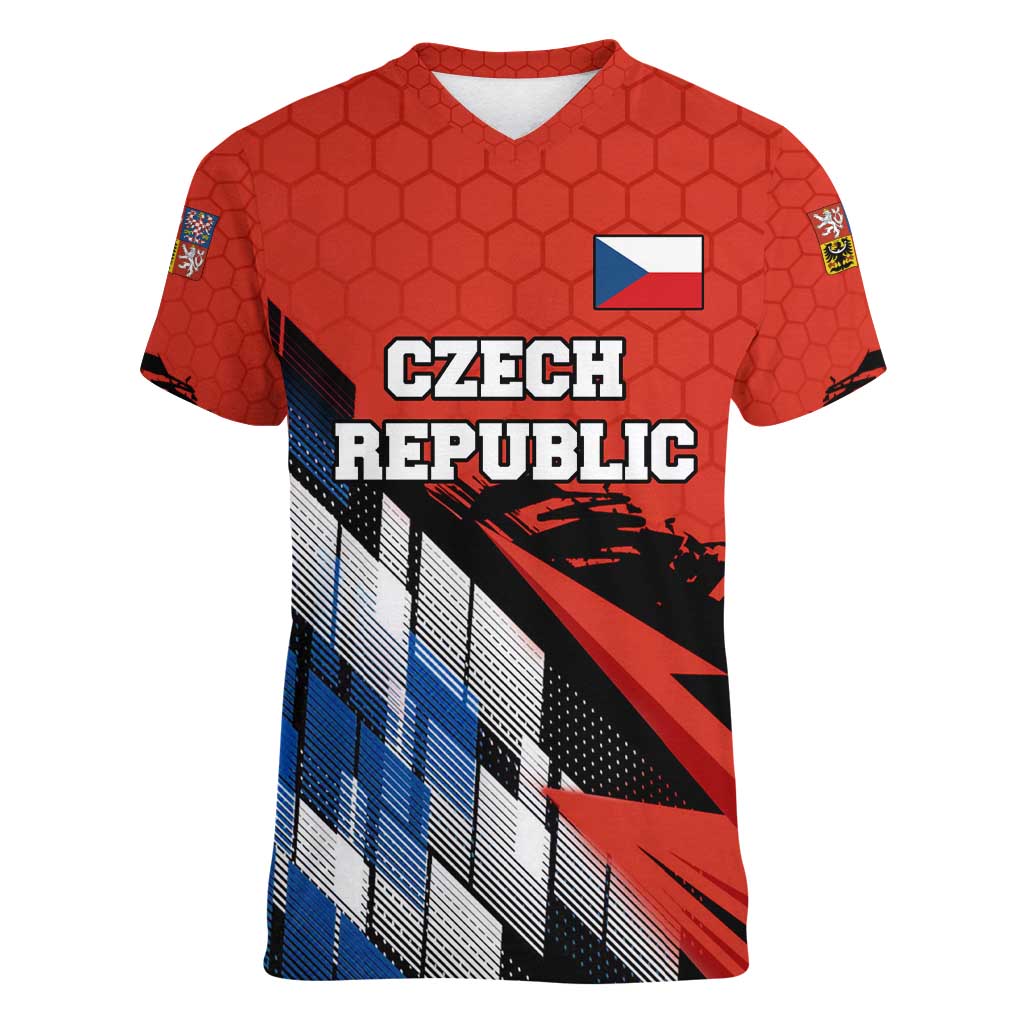 Czech Republic Women V-Neck T-Shirt with Red Black Blue Brushstroke Design and National Lion - Wonder Print Shop