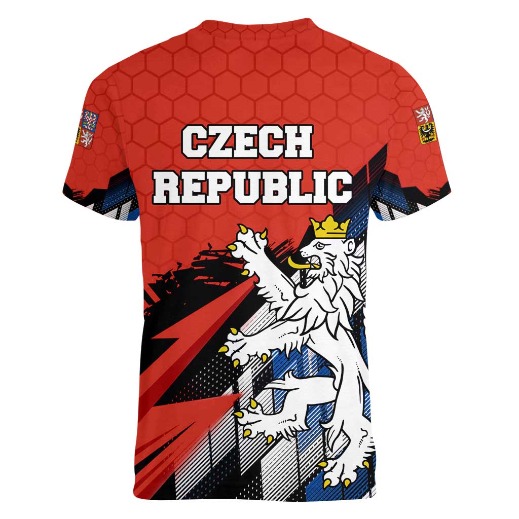 Czech Republic Women V-Neck T-Shirt with Red Black Blue Brushstroke Design and National Lion - Wonder Print Shop