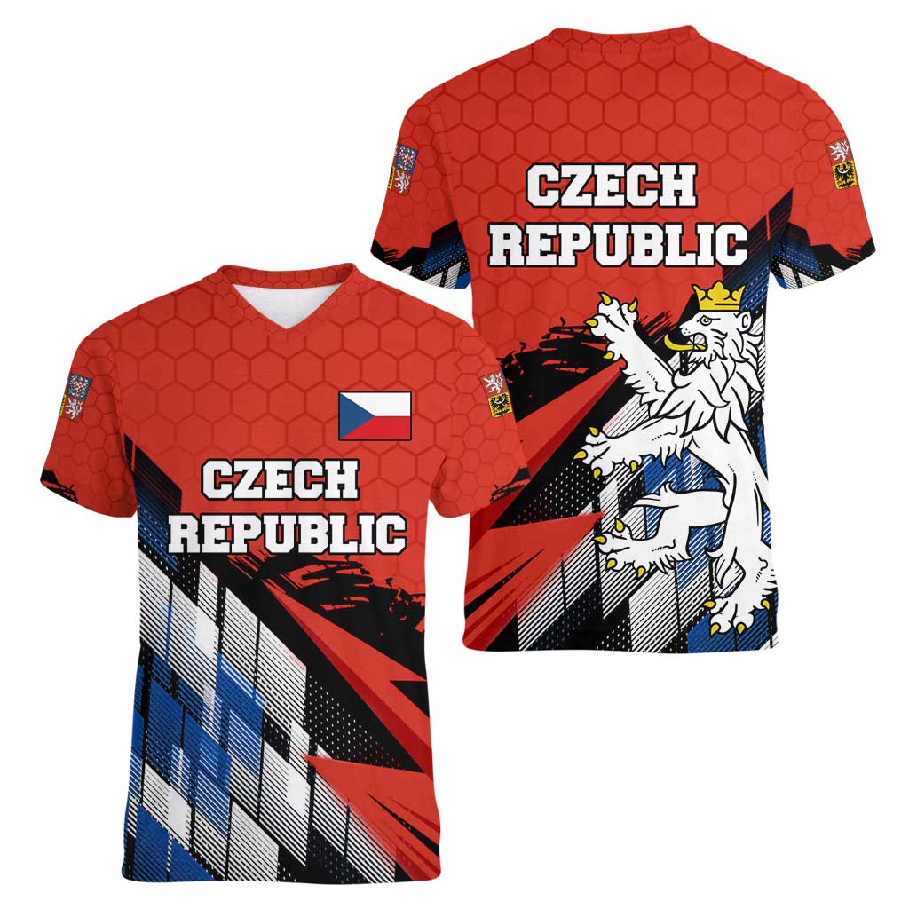 Czech Republic Women V-Neck T-Shirt with Red Black Blue Brushstroke Design and National Lion - Wonder Print Shop