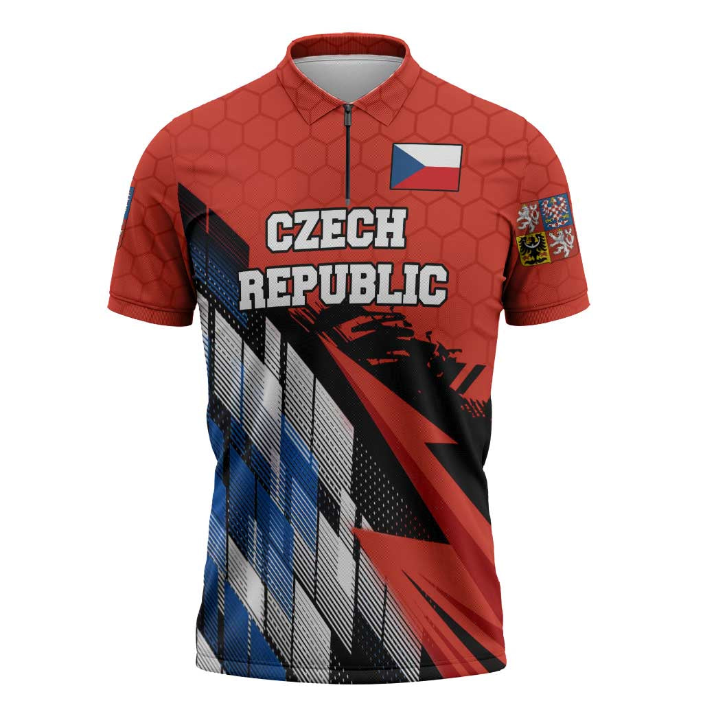 Czech Republic Zipper Polo Shirt with Red Black Blue Brushstroke Design and National Lion - Wonder Print Shop