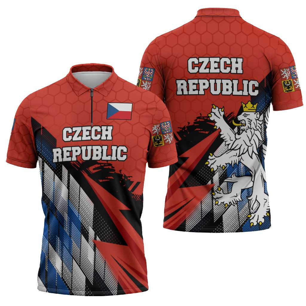 Czech Republic Zipper Polo Shirt with Red Black Blue Brushstroke Design and National Lion - Wonder Print Shop
