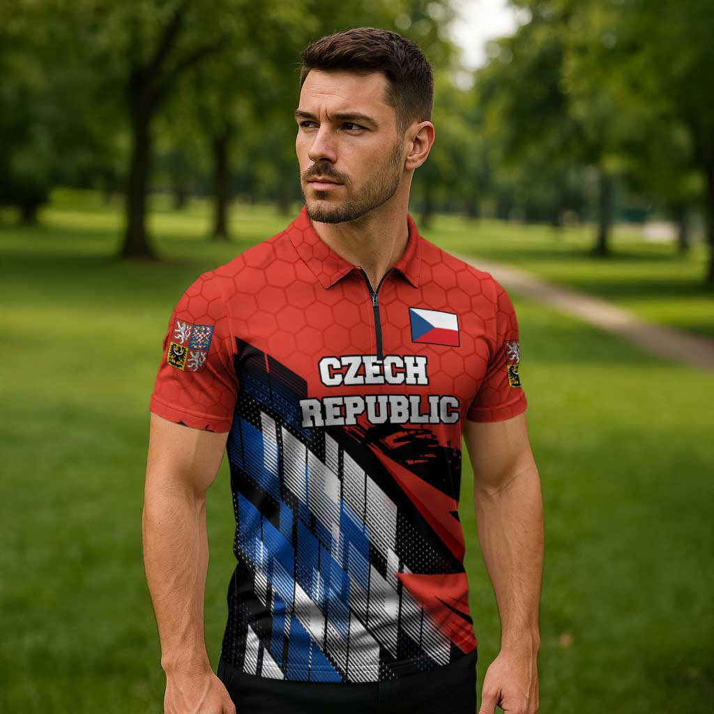 Czech Republic Zipper Polo Shirt with Red Black Blue Brushstroke Design and National Lion - Wonder Print Shop
