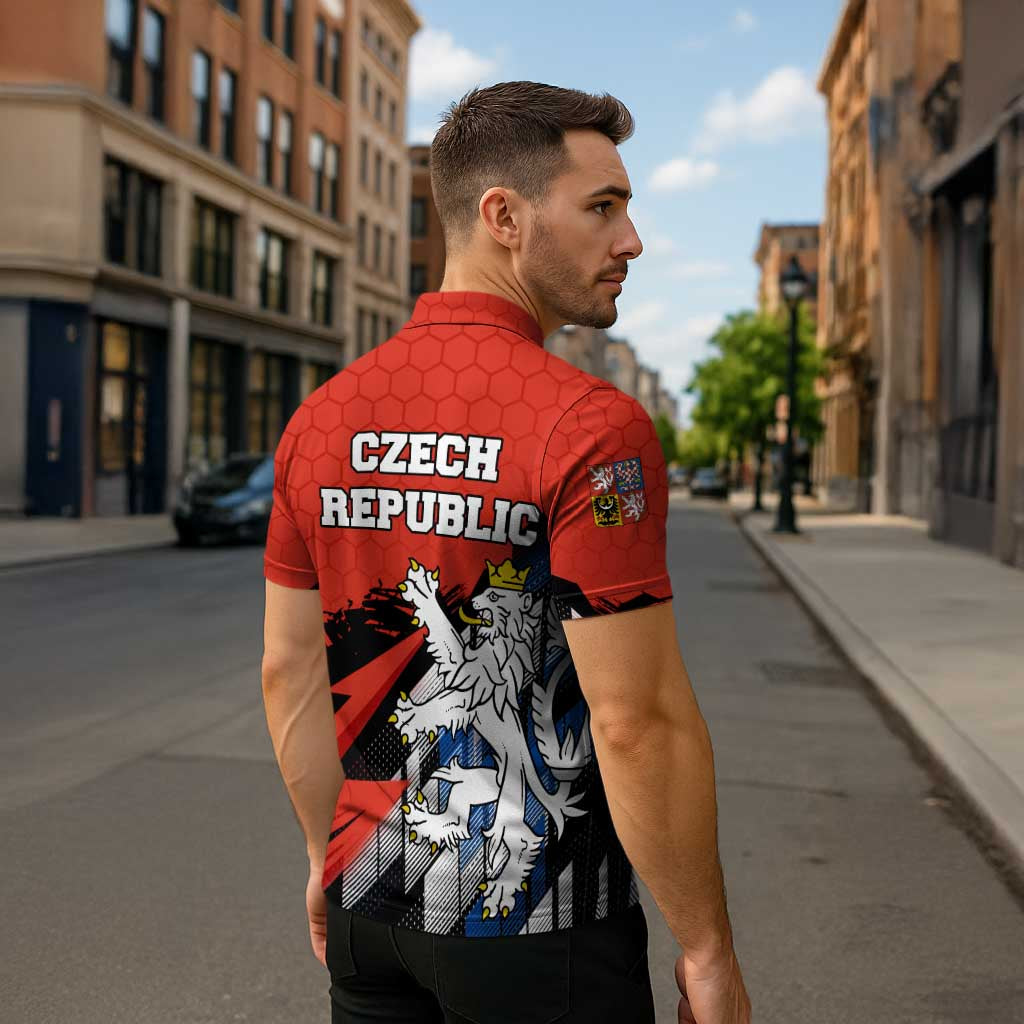 Czech Republic Zipper Polo Shirt with Red Black Blue Brushstroke Design and National Lion - Wonder Print Shop