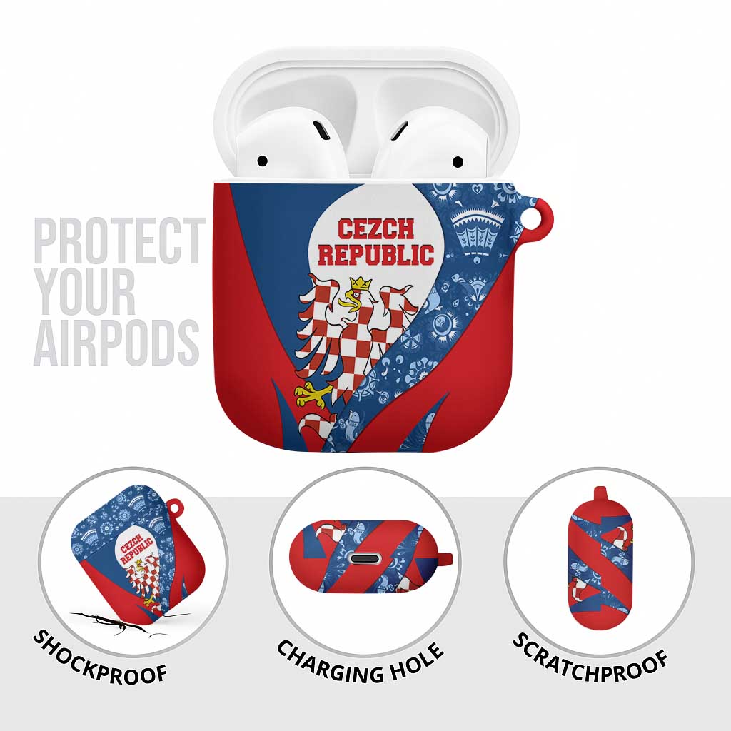Czech Republic AirPods Case with Blue Red Folk Pattern Design and National Lion Emblem - Wonder Print Shop