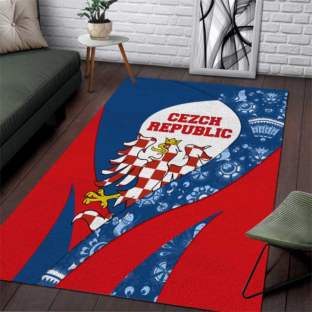 Czech Republic Area Rug with Blue Red Folk Pattern Design and National Lion Emblem - Wonder Print Shop