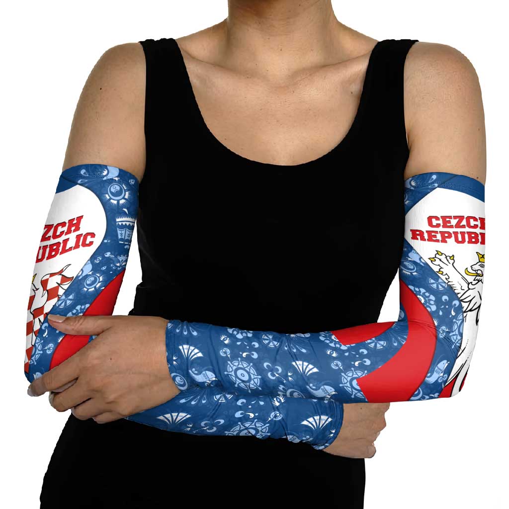 Czech Republic Arm Sleeves with Blue Red Folk Pattern Design and National Lion Emblem - Wonder Print Shop
