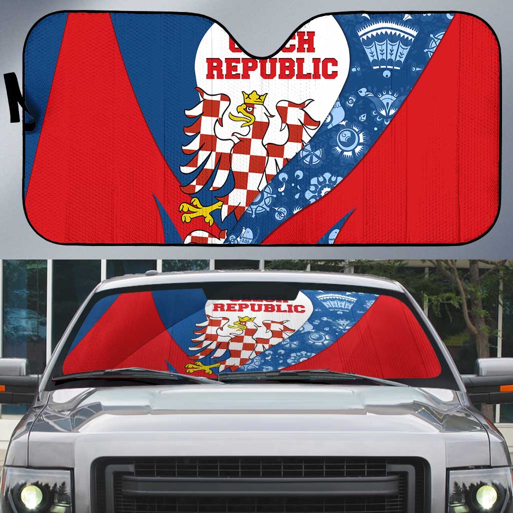 Czech Republic Auto Sun Shade with Blue Red Folk Pattern Design and National Lion Emblem - Wonder Print Shop