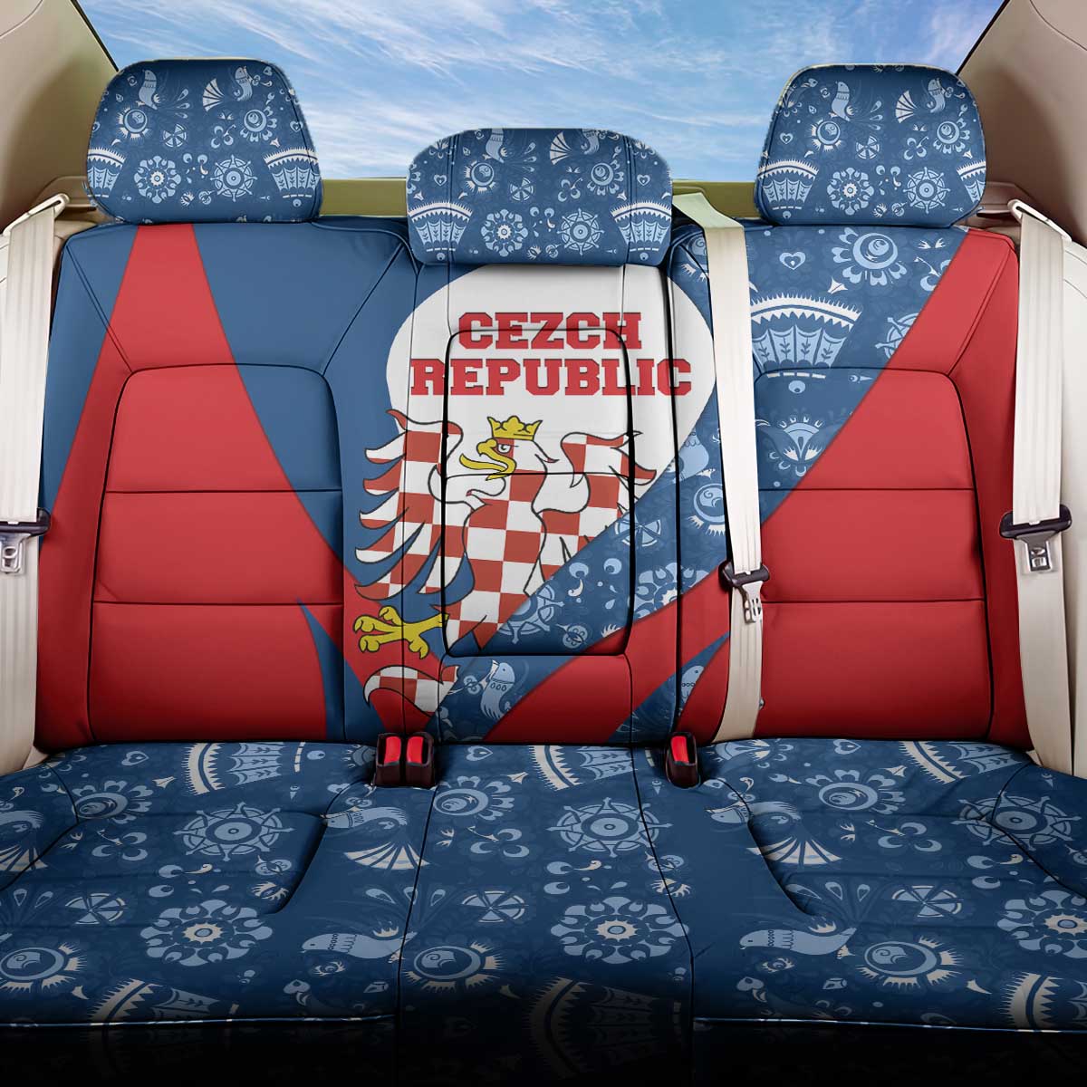 Czech Republic Back Car Seat Cover with Blue Red Folk Pattern Design and National Lion Emblem - Wonder Print Shop