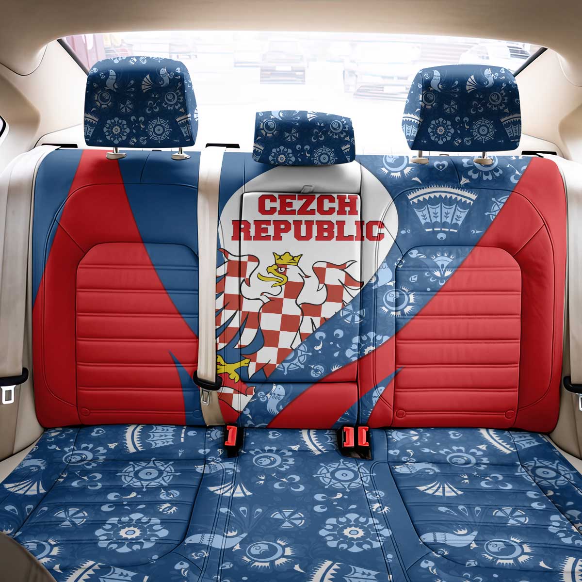 Czech Republic Back Car Seat Cover with Blue Red Folk Pattern Design and National Lion Emblem - Wonder Print Shop