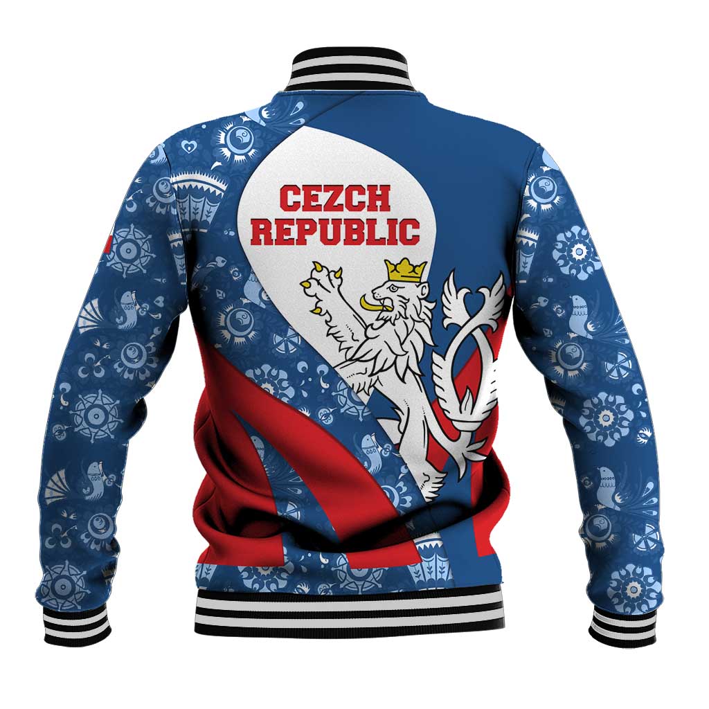 Czech Republic Baseball Jacket with Blue Red Folk Pattern Design and National Lion Emblem - Wonder Print Shop