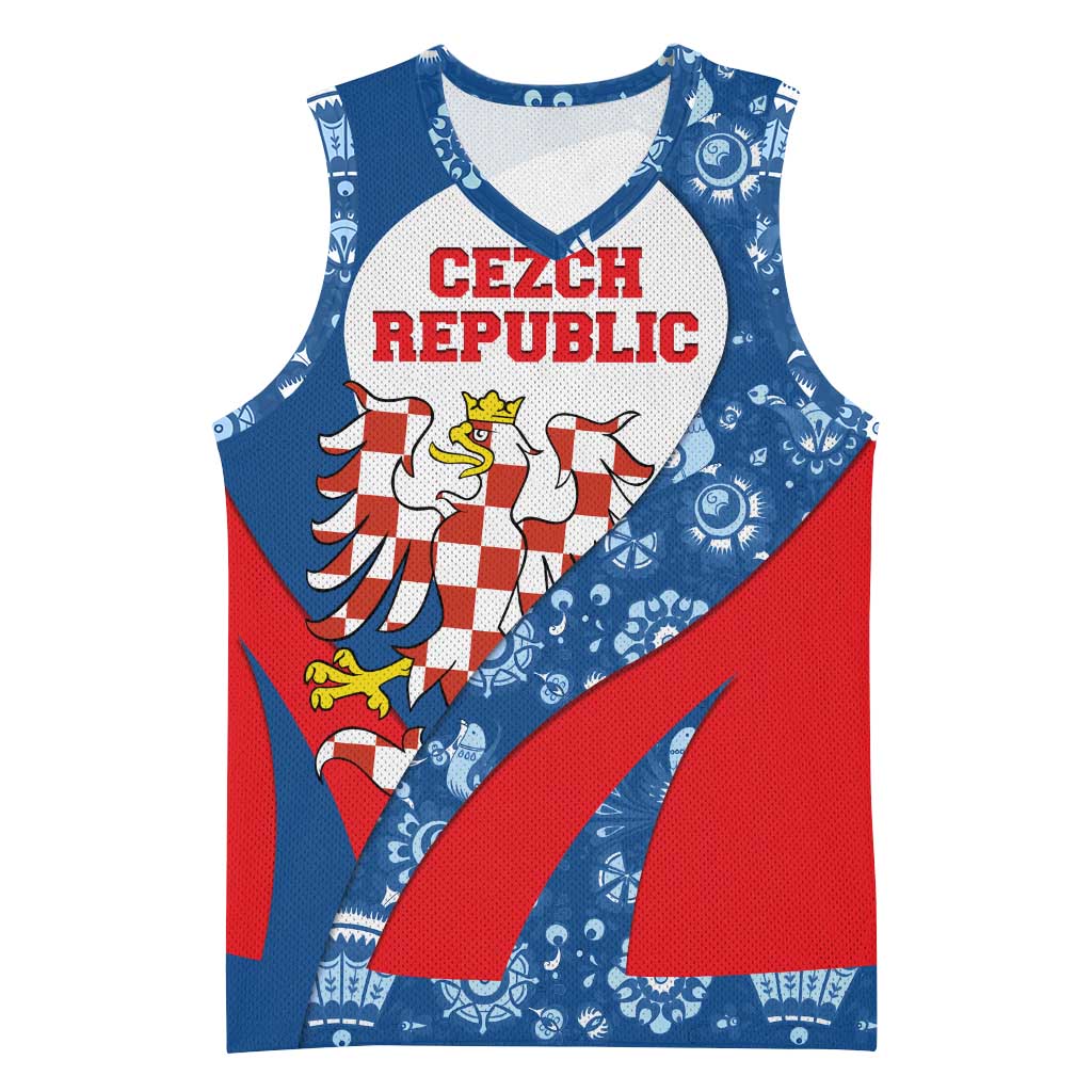 Czech Republic Basketball Jersey with Blue Red Folk Pattern Design and National Lion Emblem - Wonder Print Shop
