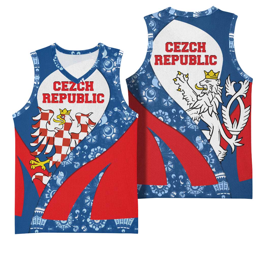 Czech Republic Basketball Jersey with Blue Red Folk Pattern Design and National Lion Emblem - Wonder Print Shop