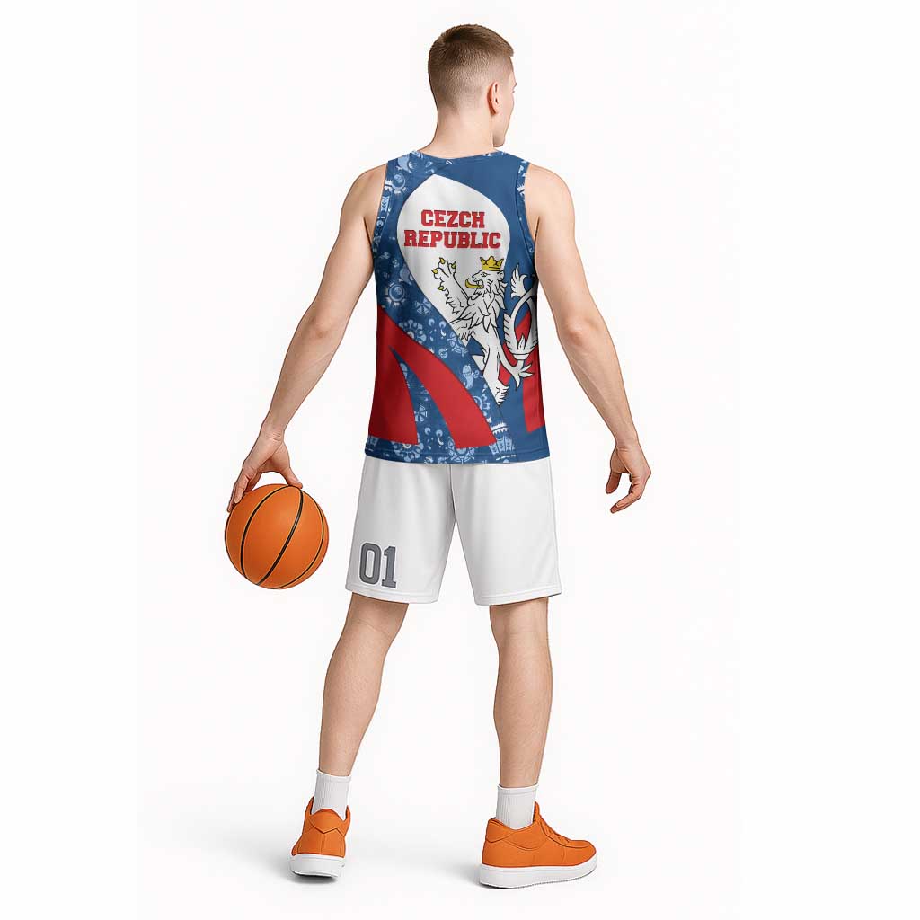 Czech Republic Basketball Jersey with Blue Red Folk Pattern Design and National Lion Emblem - Wonder Print Shop