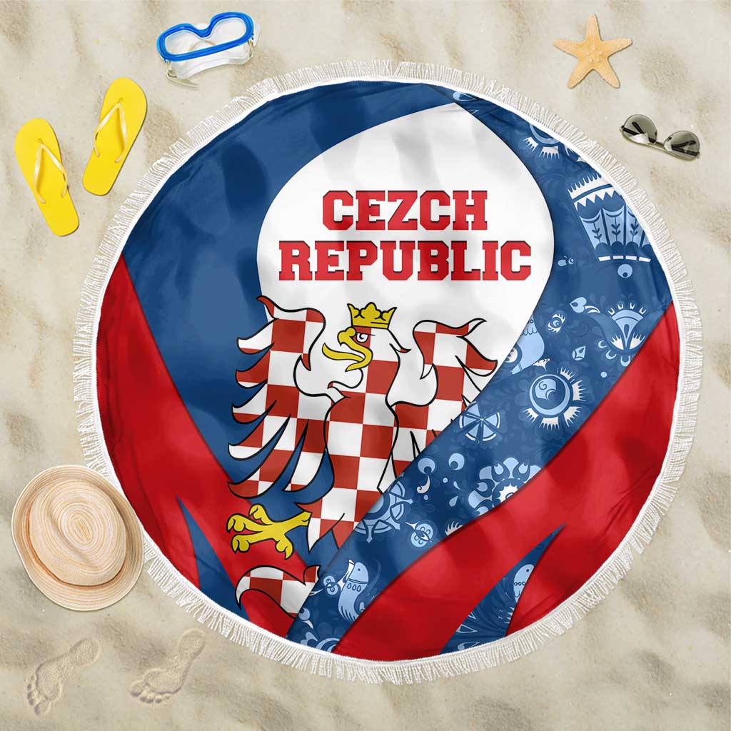 Czech Republic Beach Blanket with Blue Red Folk Pattern Design and National Lion Emblem - Wonder Print Shop