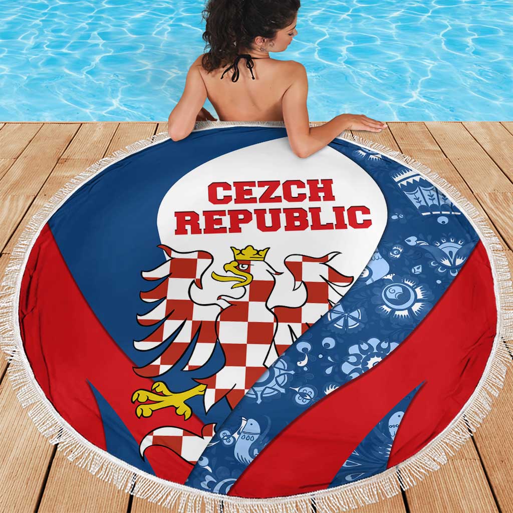 Czech Republic Beach Blanket with Blue Red Folk Pattern Design and National Lion Emblem - Wonder Print Shop