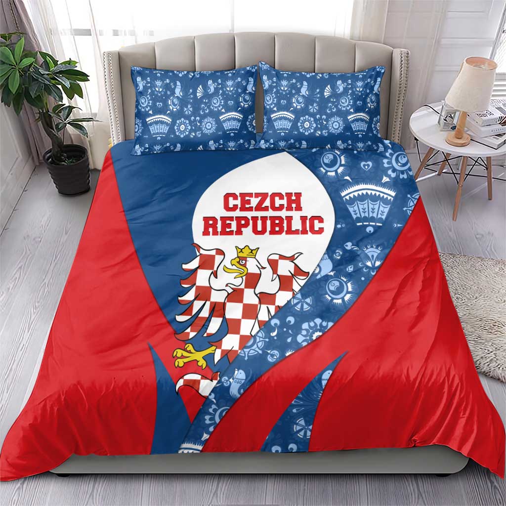 Czech Republic Bedding Set with Blue Red Folk Pattern Design and National Lion Emblem - Wonder Print Shop