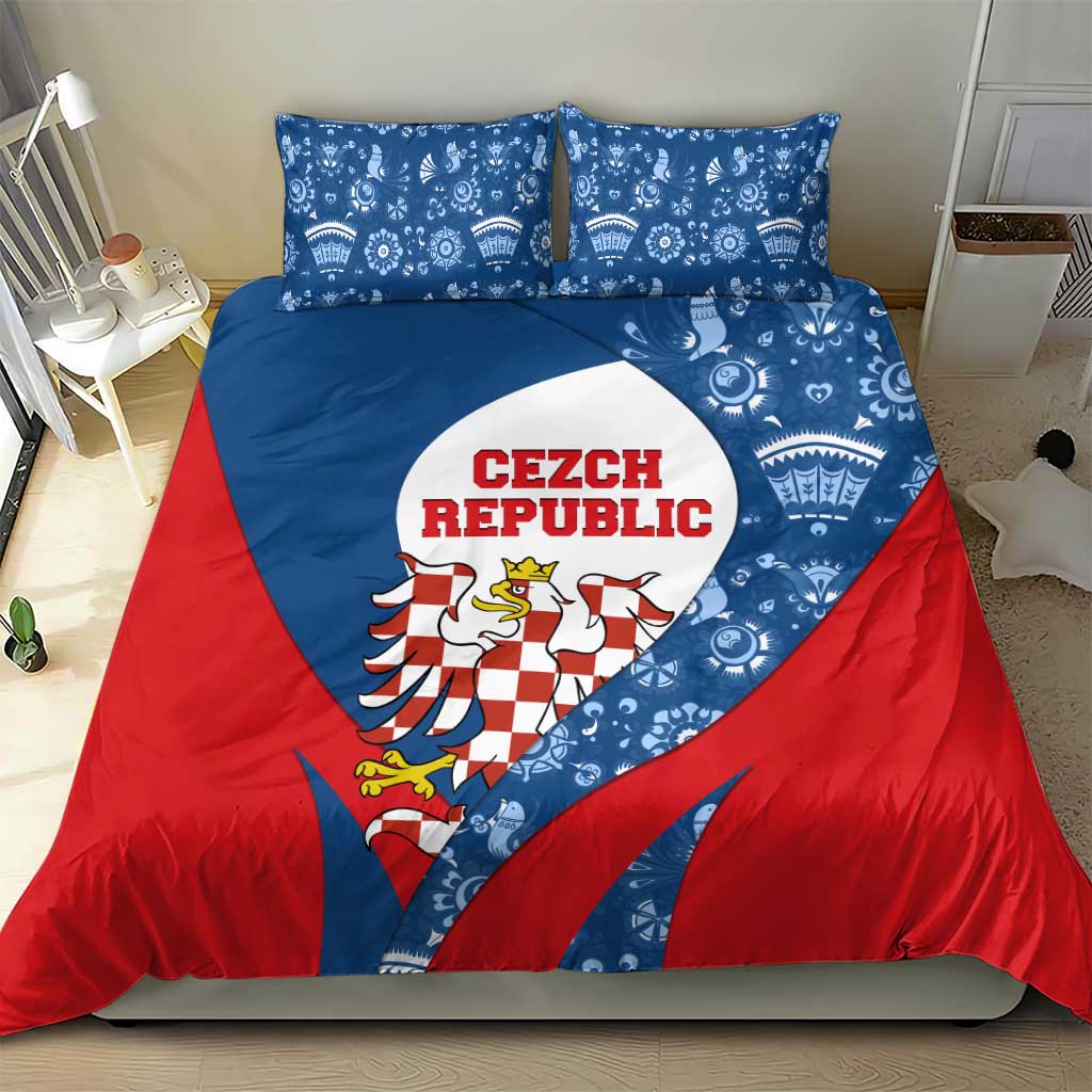 Czech Republic Bedding Set with Blue Red Folk Pattern Design and National Lion Emblem - Wonder Print Shop