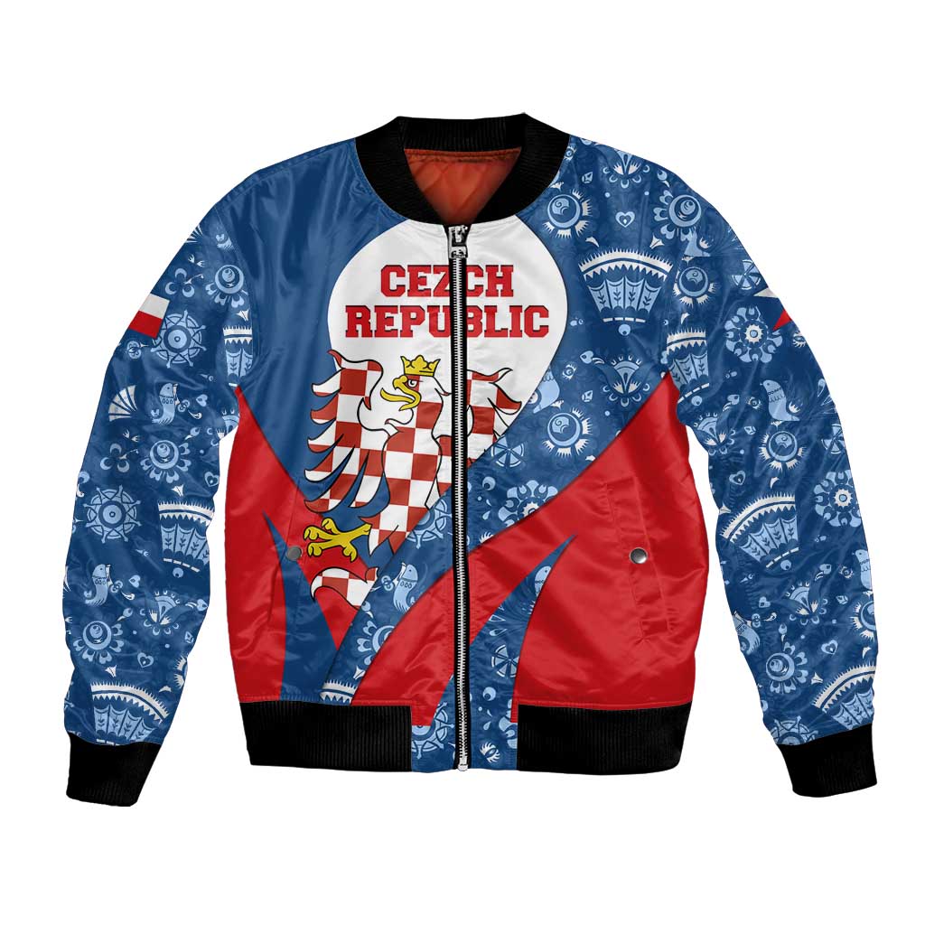 Czech Republic Bomber Jacket with Blue Red Folk Pattern Design and National Lion Emblem - Wonder Print Shop