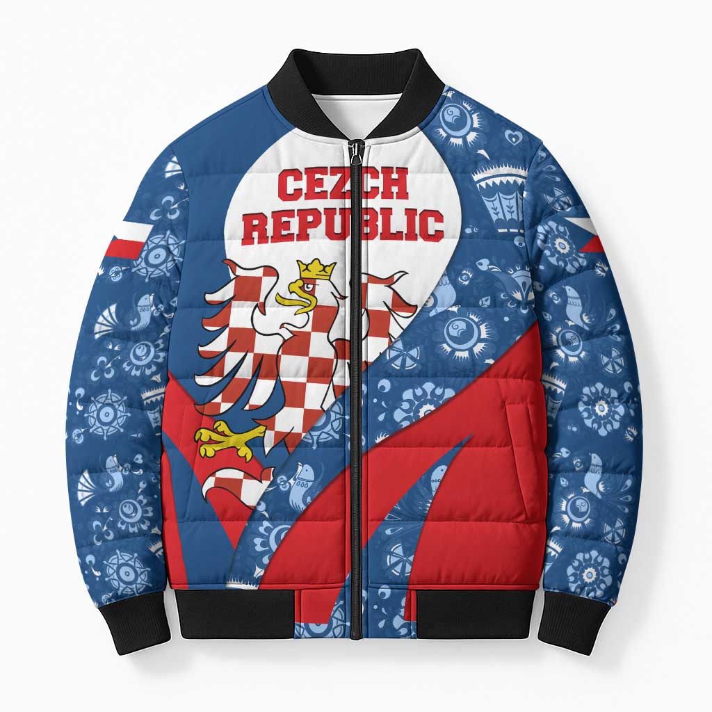 Czech Republic Bomber Puffer Jacket with Blue Red Folk Pattern Design and National Lion Emblem - Wonder Print Shop