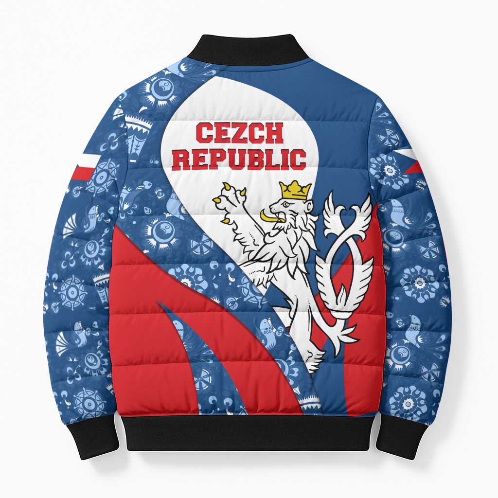 Czech Republic Bomber Puffer Jacket with Blue Red Folk Pattern Design and National Lion Emblem - Wonder Print Shop
