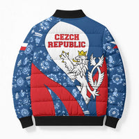 Czech Republic Bomber Puffer Jacket with Blue Red Folk Pattern Design and National Lion Emblem - Wonder Print Shop