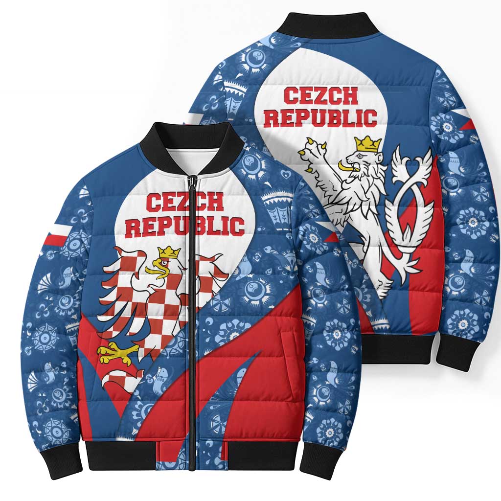 Czech Republic Bomber Puffer Jacket with Blue Red Folk Pattern Design and National Lion Emblem - Wonder Print Shop