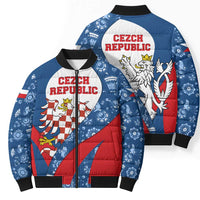 Czech Republic Bomber Puffer Jacket with Blue Red Folk Pattern Design and National Lion Emblem - Wonder Print Shop