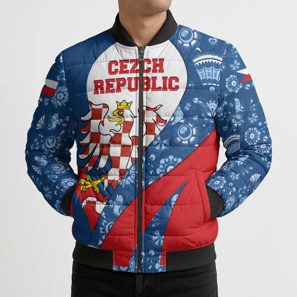 Czech Republic Bomber Puffer Jacket with Blue Red Folk Pattern Design and National Lion Emblem - Wonder Print Shop