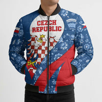 Czech Republic Bomber Puffer Jacket with Blue Red Folk Pattern Design and National Lion Emblem - Wonder Print Shop