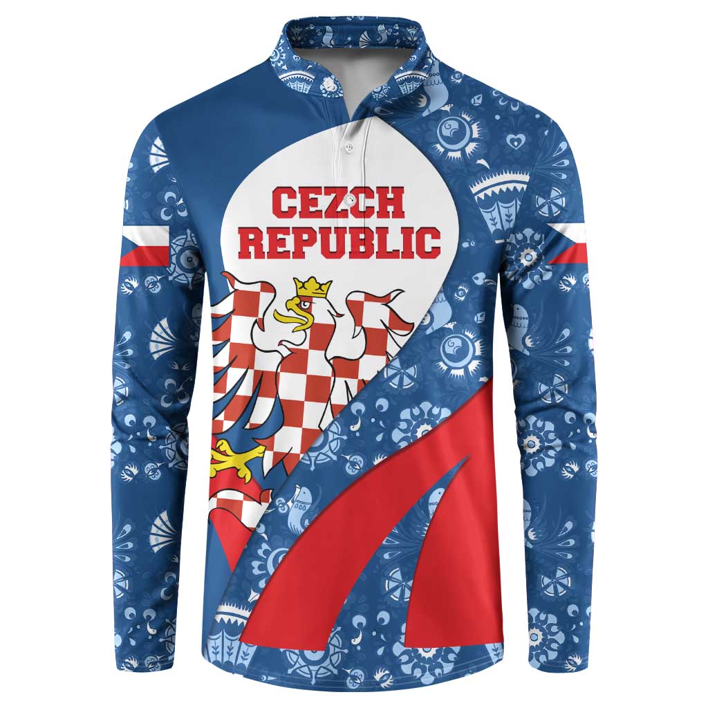 Czech Republic Button Sweatshirt with Blue Red Folk Pattern Design and National Lion Emblem - Wonder Print Shop