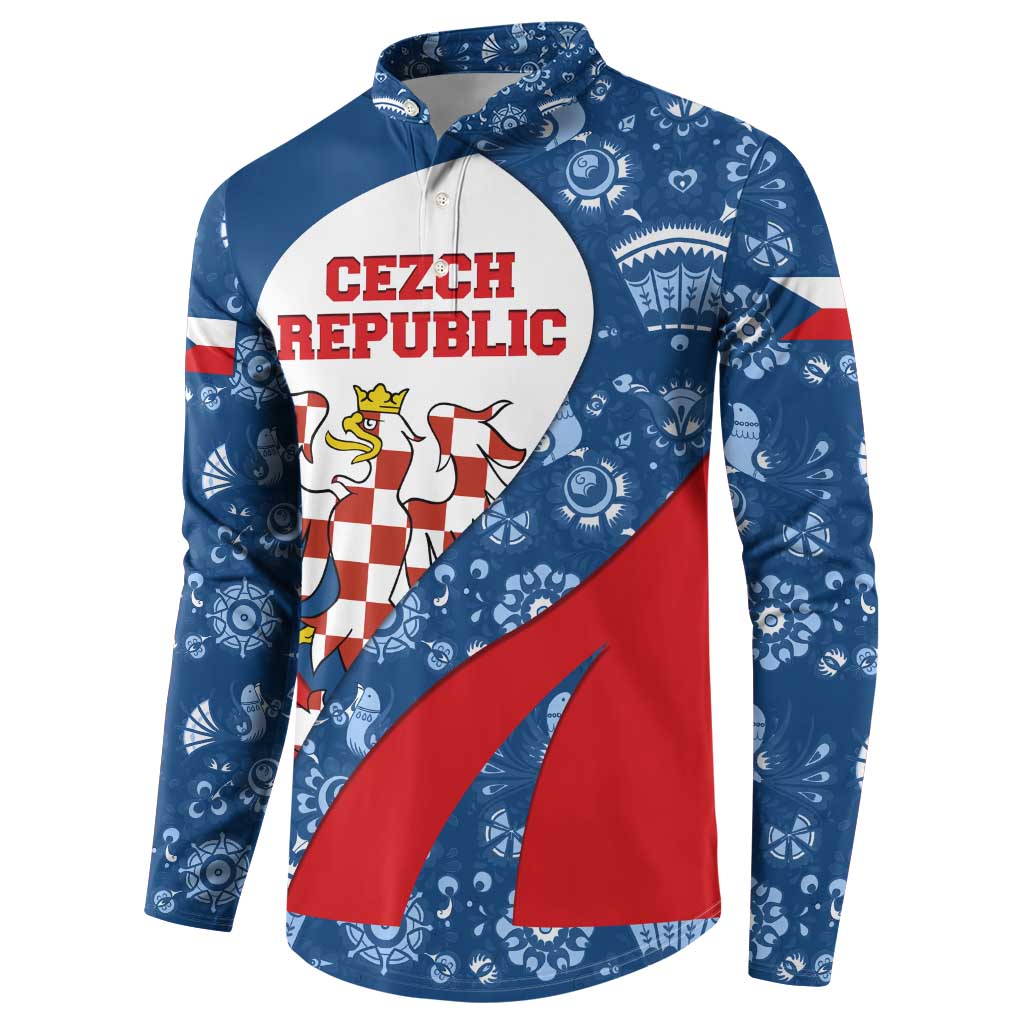 Czech Republic Button Sweatshirt with Blue Red Folk Pattern Design and National Lion Emblem - Wonder Print Shop