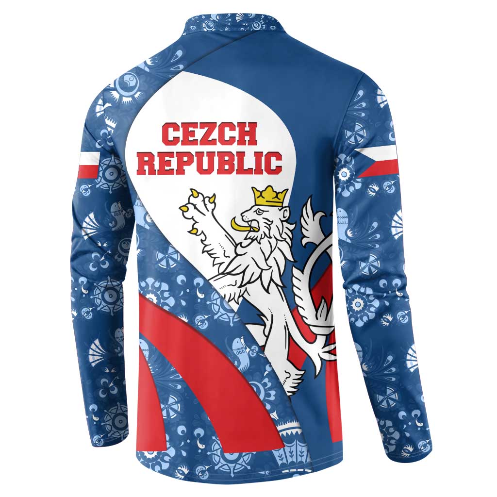 Czech Republic Button Sweatshirt with Blue Red Folk Pattern Design and National Lion Emblem - Wonder Print Shop