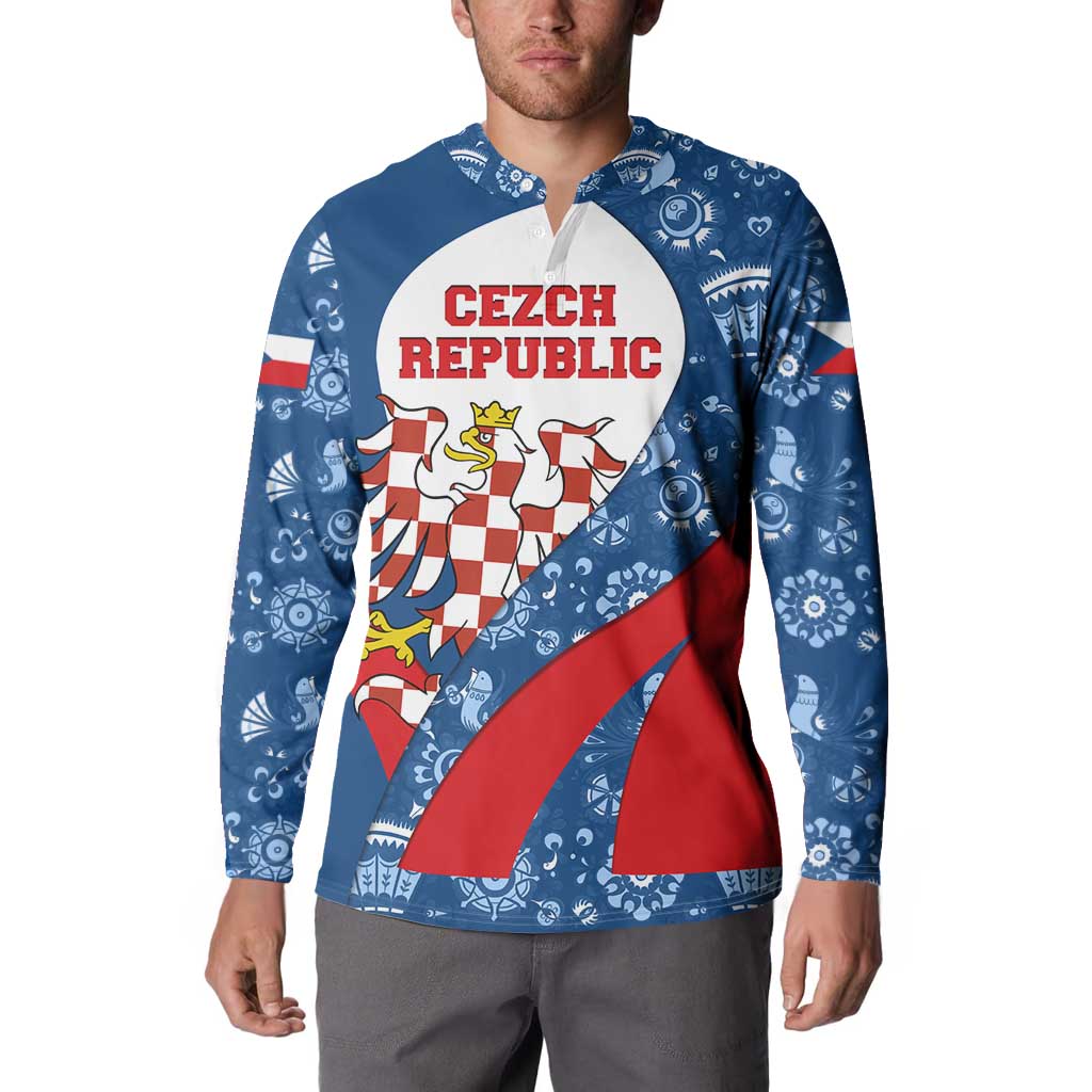 Czech Republic Button Sweatshirt with Blue Red Folk Pattern Design and National Lion Emblem - Wonder Print Shop