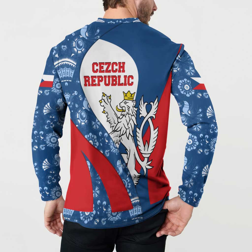 Czech Republic Button Sweatshirt with Blue Red Folk Pattern Design and National Lion Emblem - Wonder Print Shop