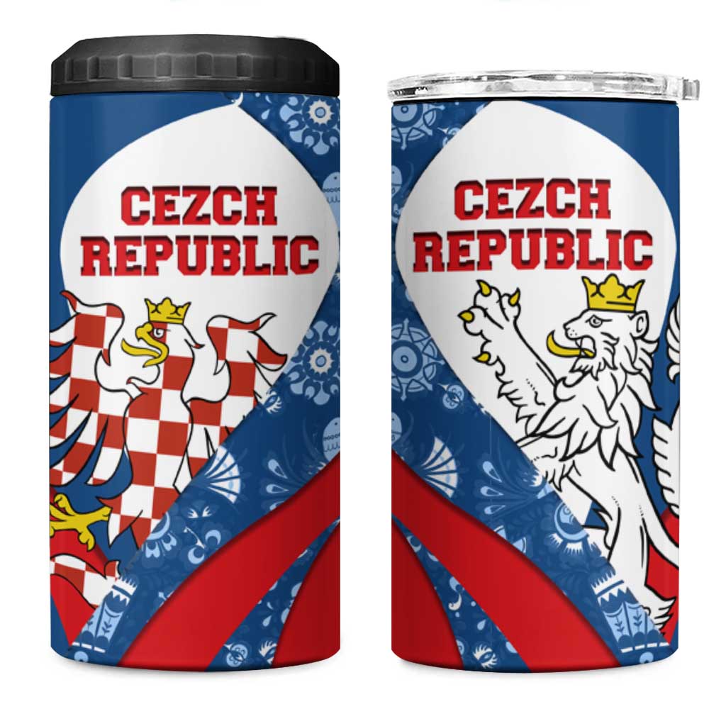 Czech Republic 4 in 1 Can Cooler Tumbler with Blue Red Folk Pattern Design and National Lion Emblem - Wonder Print Shop