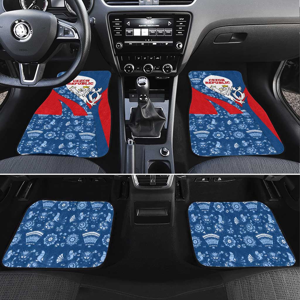 Czech Republic Car Mats with Blue Red Folk Pattern Design and National Lion Emblem - Wonder Print Shop
