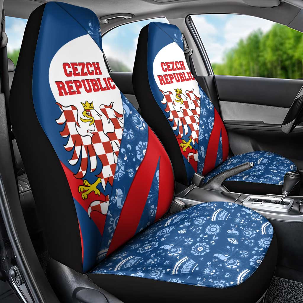 Czech Republic Car Seat Cover with Blue Red Folk Pattern Design and National Lion Emblem - Wonder Print Shop