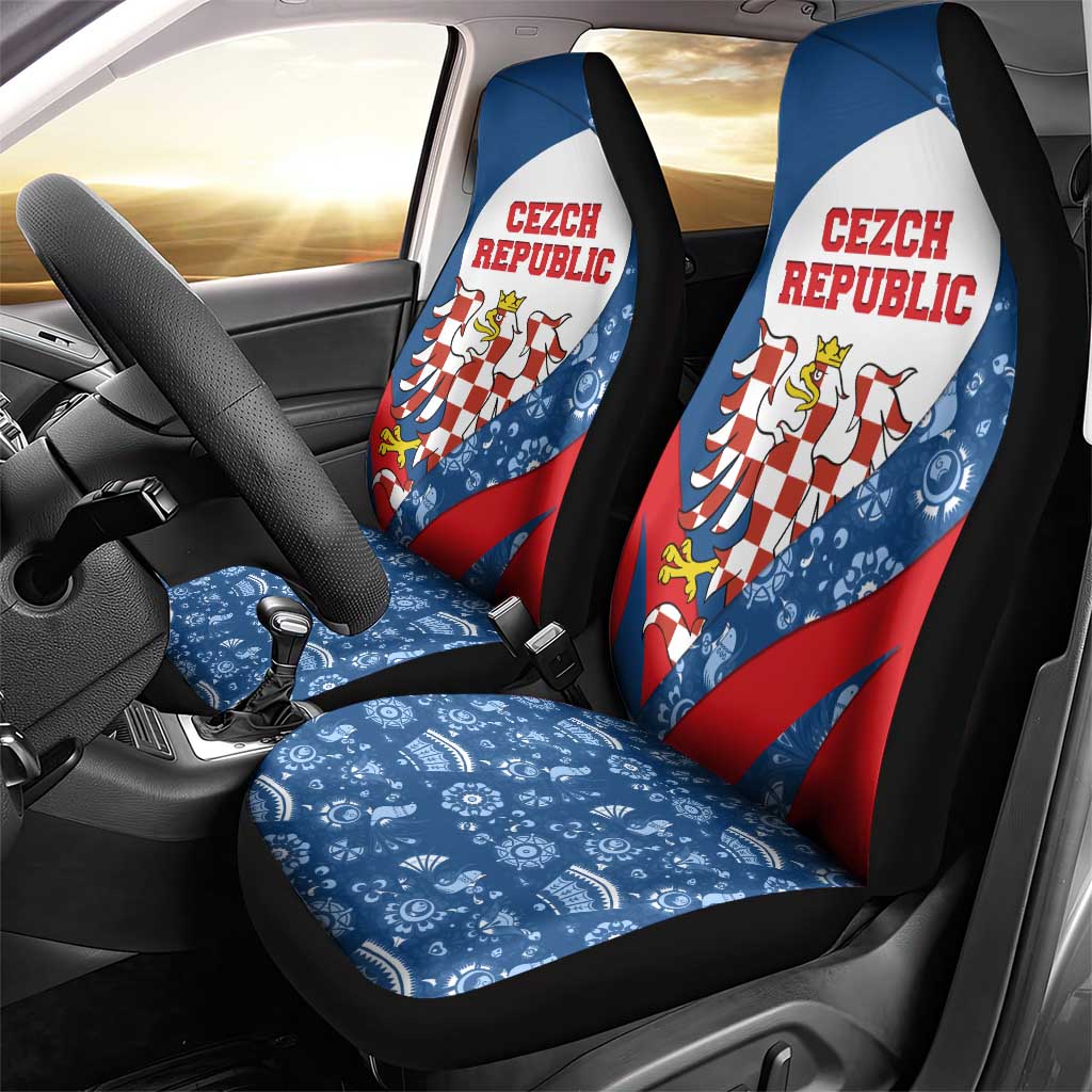 Czech Republic Car Seat Cover with Blue Red Folk Pattern Design and National Lion Emblem - Wonder Print Shop
