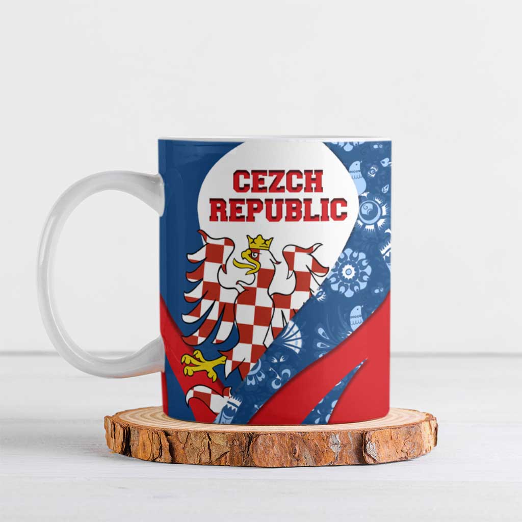 Czech Republic Ceramic Mug with Blue Red Folk Pattern Design and National Lion Emblem - Wonder Print Shop