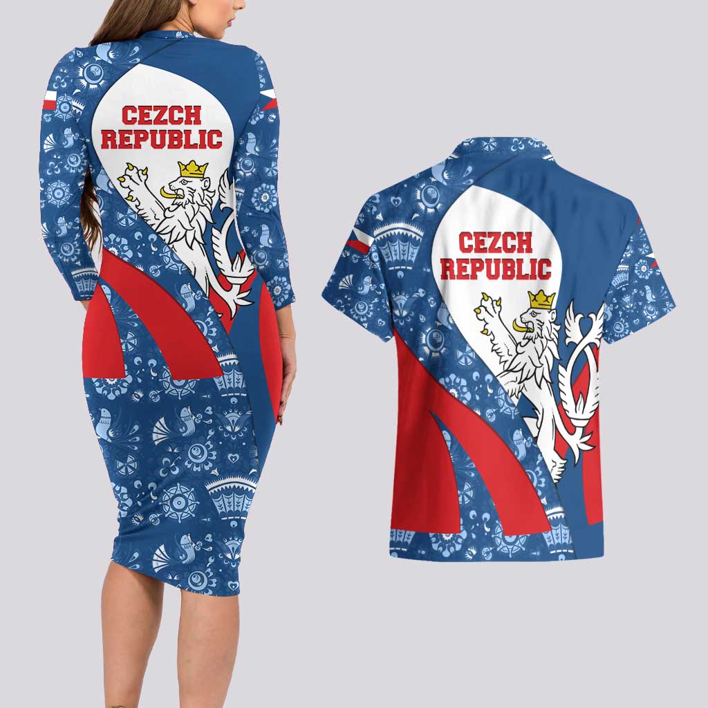 Czech Republic Couples Matching Long Sleeve Bodycon Dress and Hawaiian Shirt with Blue Red Folk Pattern Design and National Lion Emblem - Wonder Print Shop