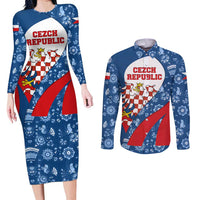 Czech Republic Couples Matching Long Sleeve Bodycon Dress and Long Sleeve Button Shirt with Blue Red Folk Pattern Design and National Lion Emblem - Wonder Print Shop