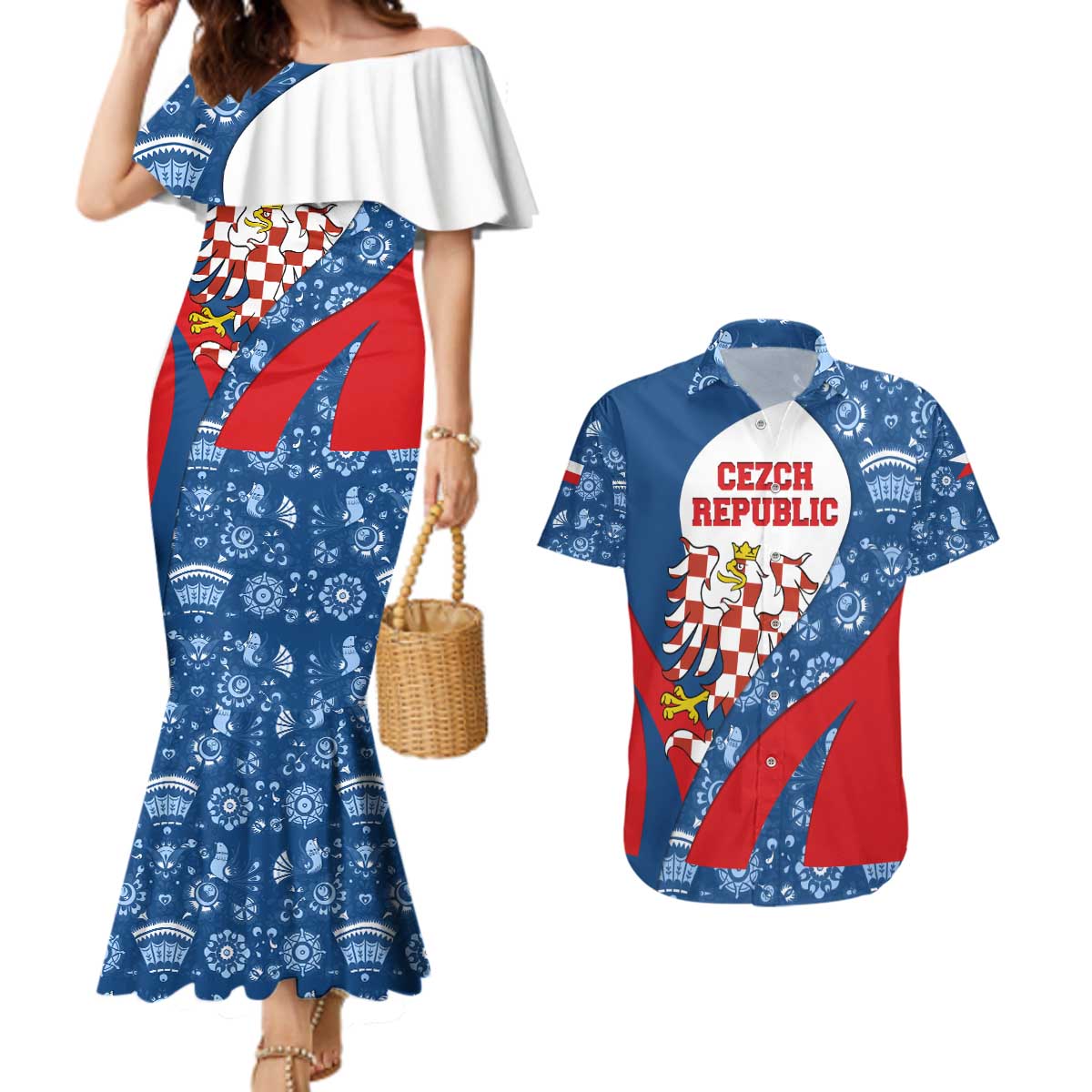 Czech Republic Couples Matching Mermaid Dress and Hawaiian Shirt with Blue Red Folk Pattern Design and National Lion Emblem - Wonder Print Shop