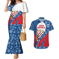 Czech Republic Couples Matching Mermaid Dress and Hawaiian Shirt with Blue Red Folk Pattern Design and National Lion Emblem - Wonder Print Shop