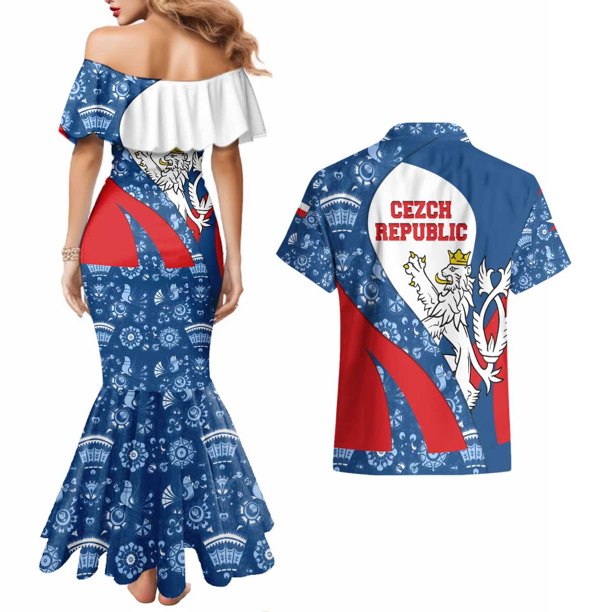 Czech Republic Couples Matching Mermaid Dress and Hawaiian Shirt with Blue Red Folk Pattern Design and National Lion Emblem - Wonder Print Shop