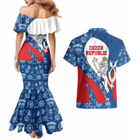 Czech Republic Couples Matching Mermaid Dress and Hawaiian Shirt with Blue Red Folk Pattern Design and National Lion Emblem - Wonder Print Shop