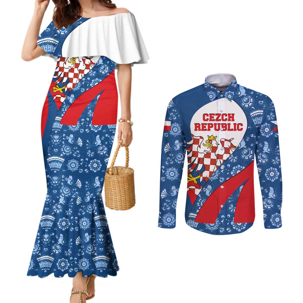 Czech Republic Couples Matching Mermaid Dress and Long Sleeve Button Shirt with Blue Red Folk Pattern Design and National Lion Emblem - Wonder Print Shop