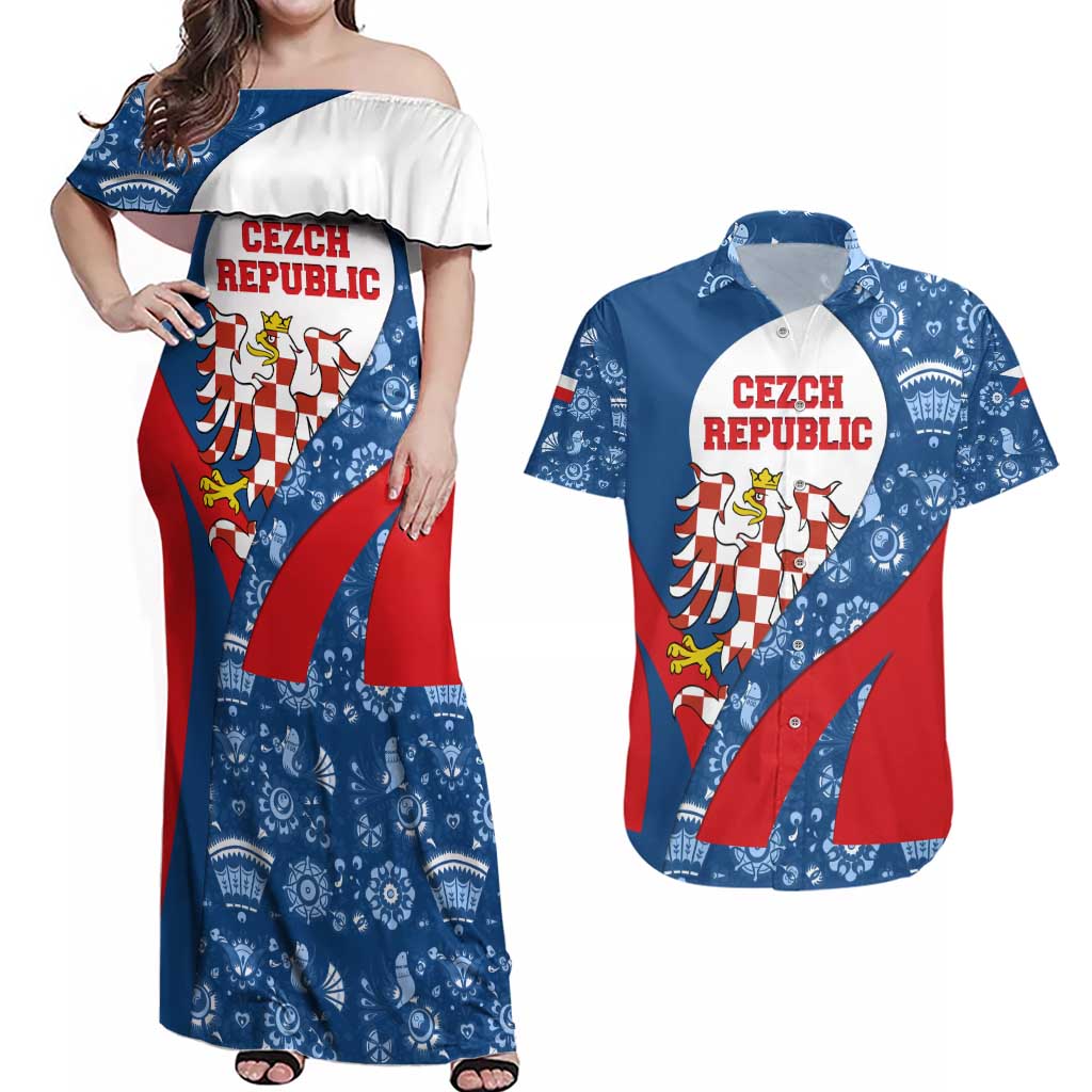 Czech Republic Couples Matching Off Shoulder Maxi Dress and Hawaiian Shirt with Blue Red Folk Pattern Design and National Lion Emblem - Wonder Print Shop