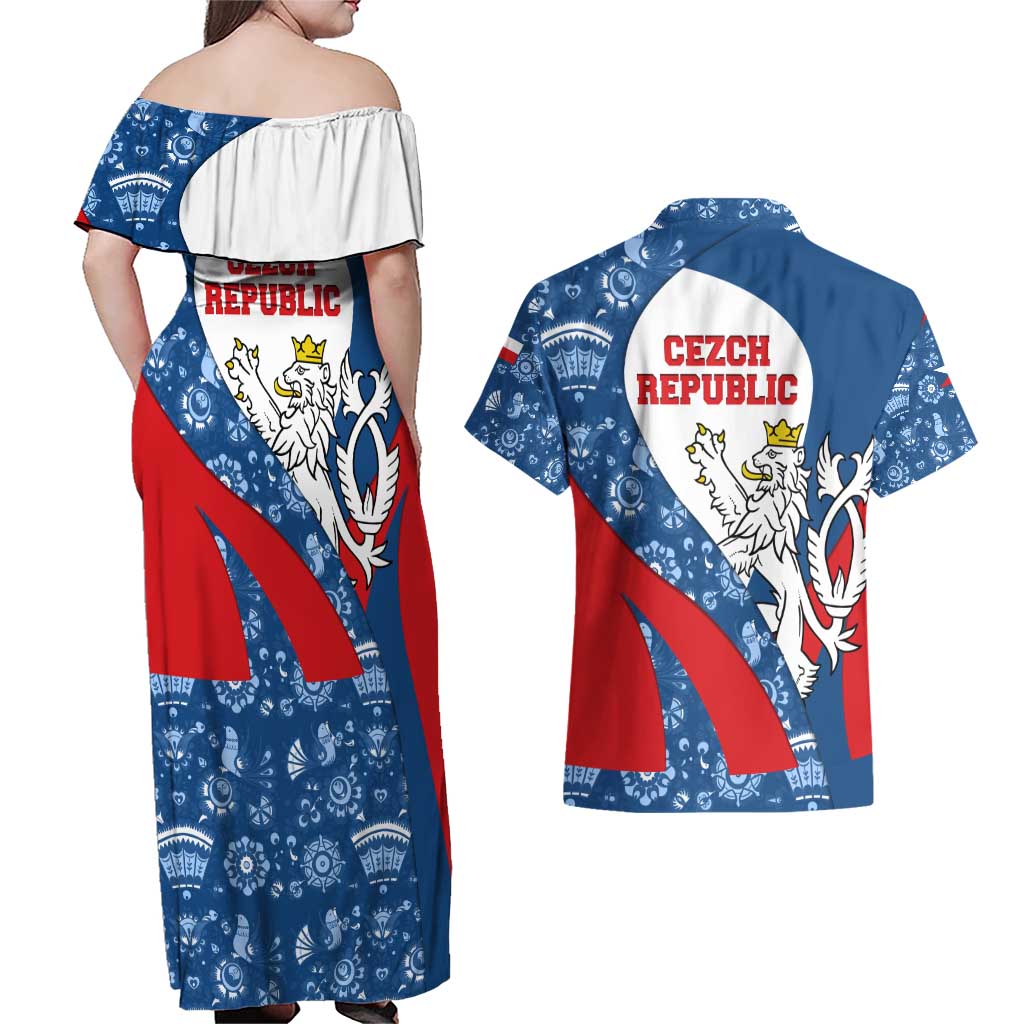 Czech Republic Couples Matching Off Shoulder Maxi Dress and Hawaiian Shirt with Blue Red Folk Pattern Design and National Lion Emblem - Wonder Print Shop